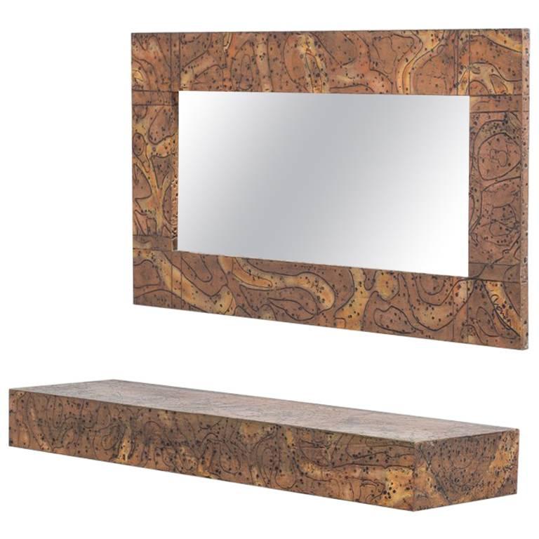 Embossed Patinated Aluminium Mirror and Shelf by Arenson For Sale