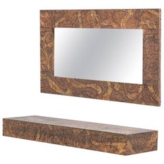 Embossed Patinated Aluminium Mirror and Shelf by Arenson