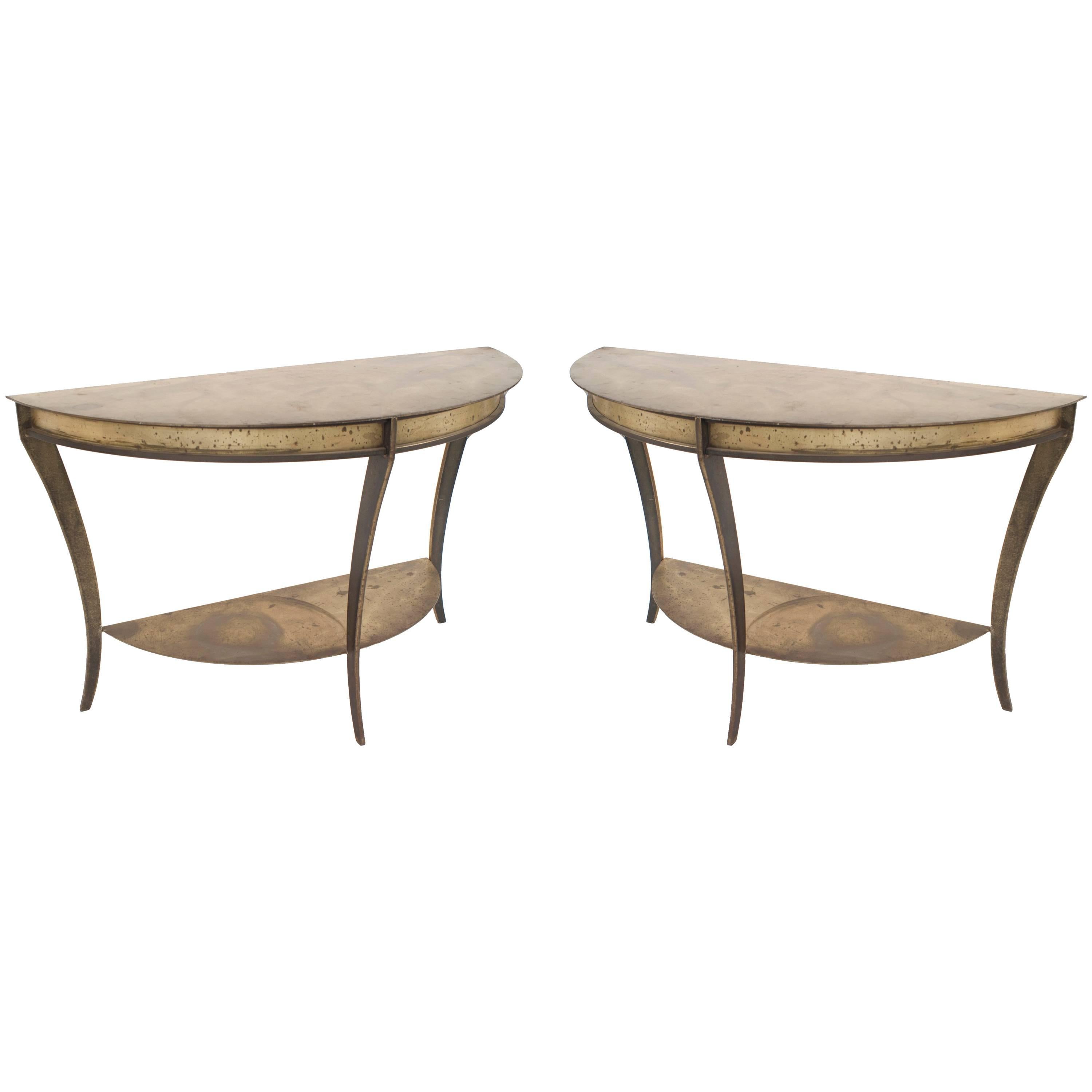 Pair of American Mid-Century Brass and Steel Demilune Console Tables For Sale