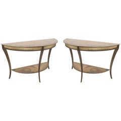 Vintage Pair of American Mid-Century Brass and Steel Demilune Console Tables