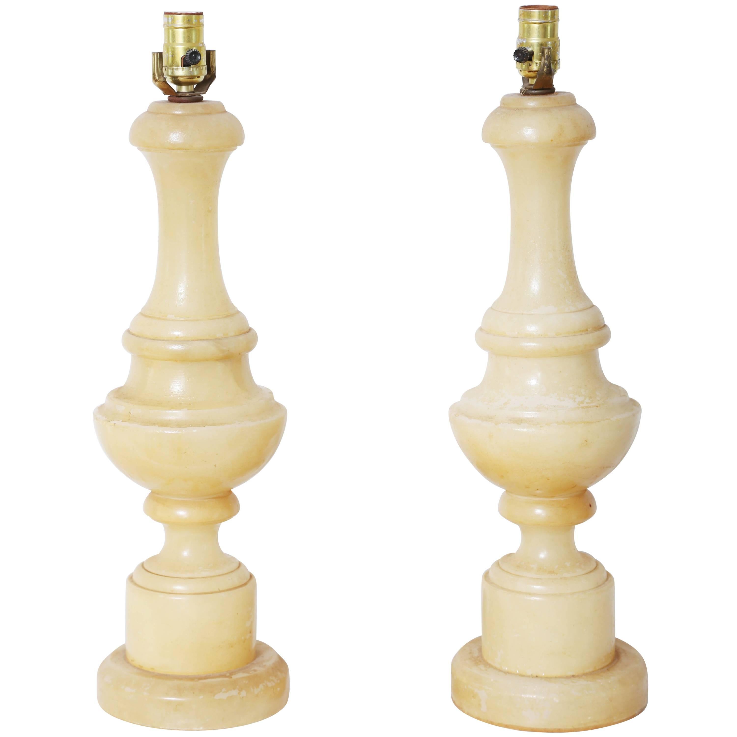 Pair of Turned Alabaster Column Lamps, 1940s