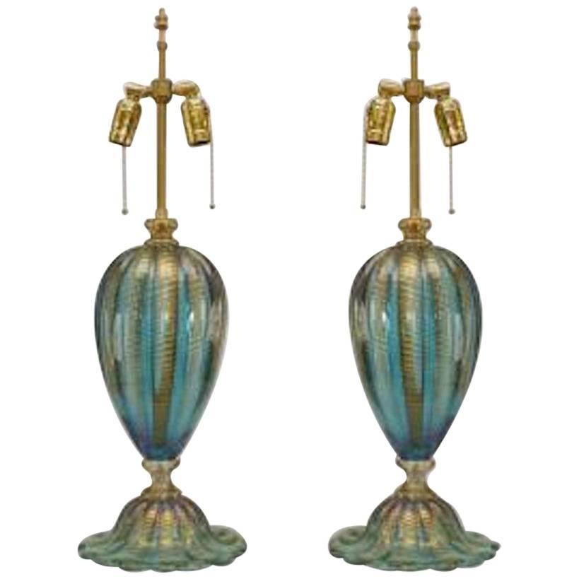 Pair of Italian Murano "FENICIO" Gold Dusted and Swirl Aqua Glass Table Lamps
