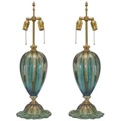 Pair of Italian Murano "FENICIO" Gold Dusted and Swirl Aqua Glass Table Lamps