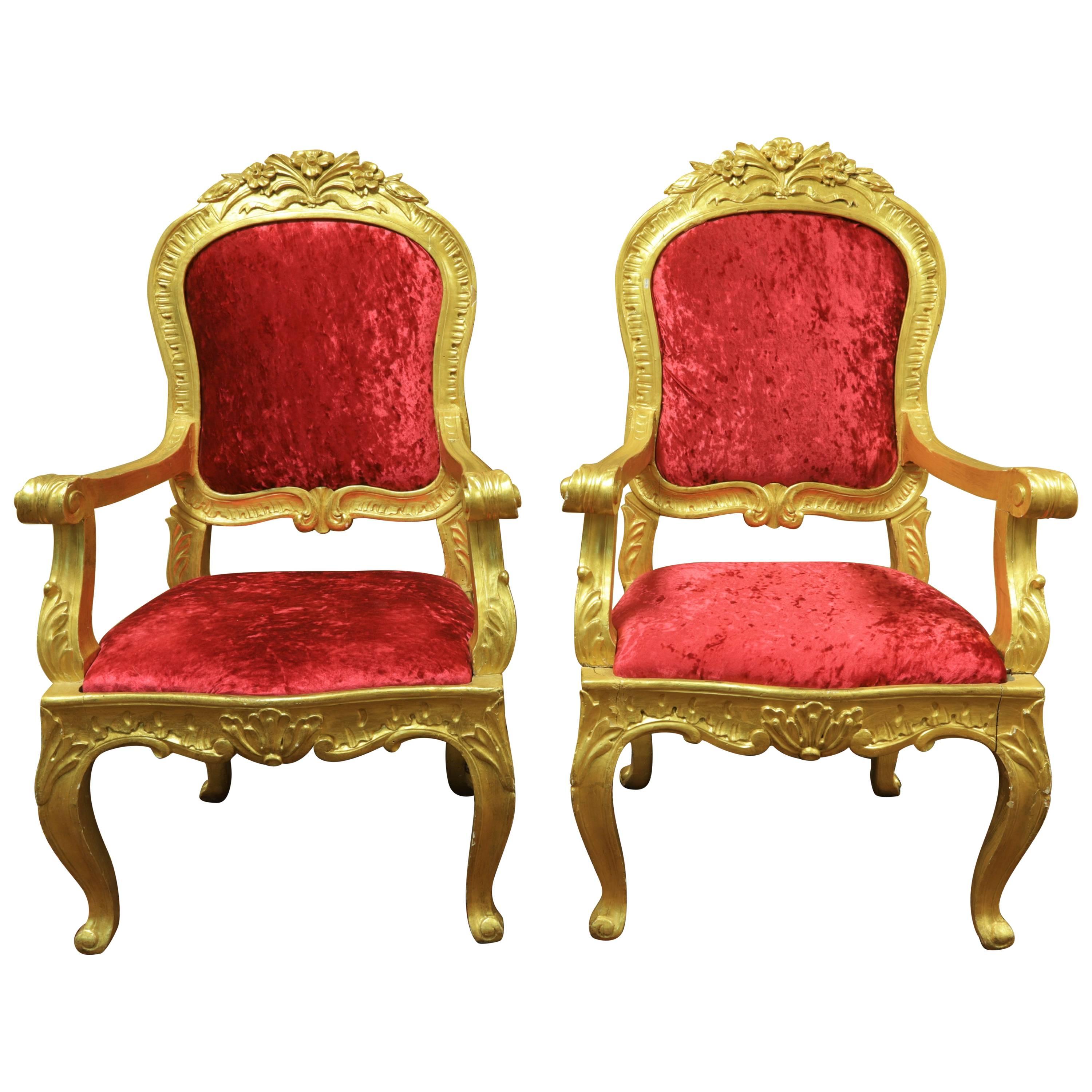 Pair of Louis XV Style Giltwood Armchairs