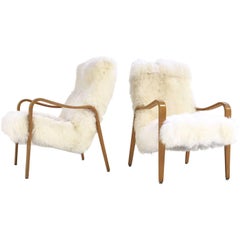 Vintage Thonet Bentwood Lounge Chairs Restored in Sheepskin, Pair