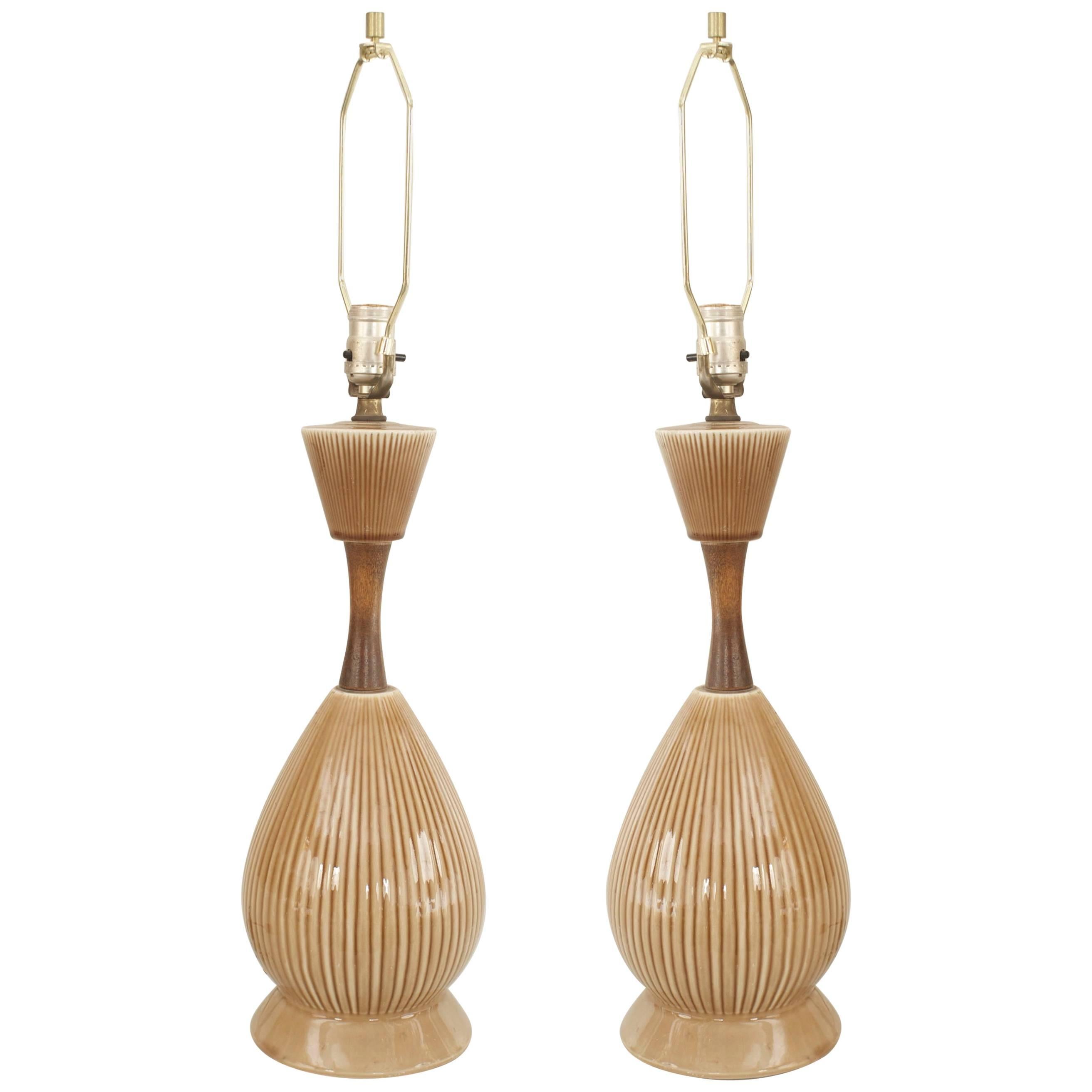Pair of American Mid-Century Beige Porcelain Table Lamps