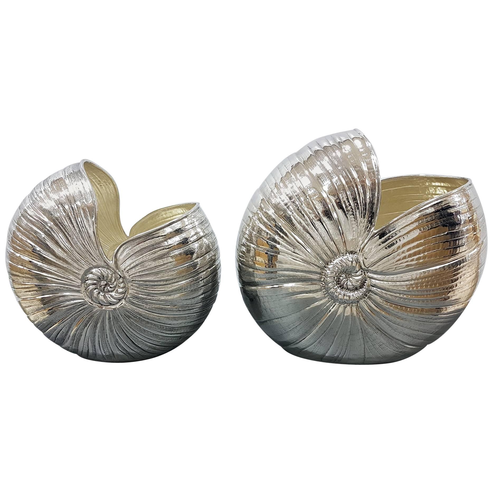 20th Century Sterling Silver Italian Vases in the Shape of Nautilus Shell, Pair
