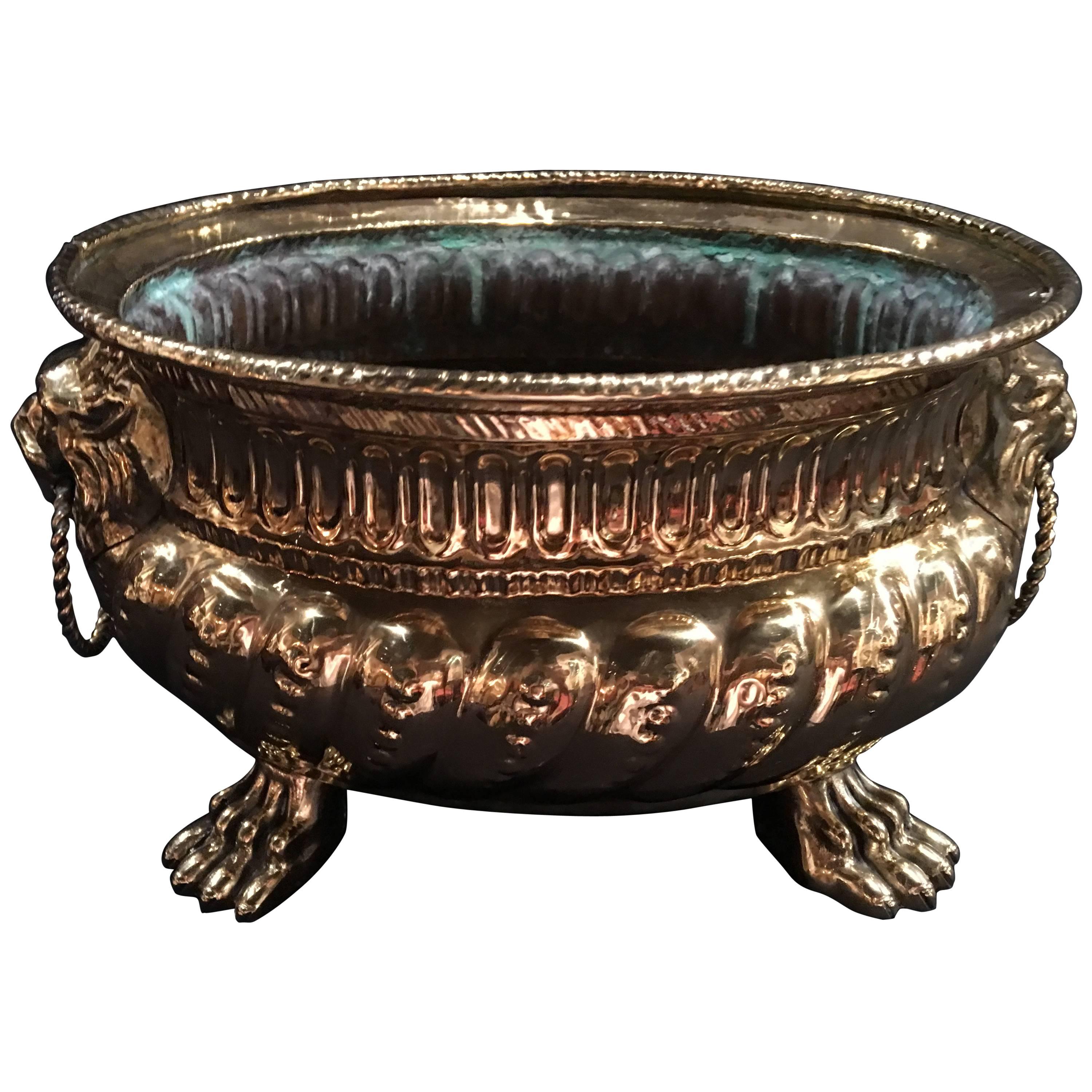French Polished Brass Round Jardiniere or Planter with Handles, 19th Century