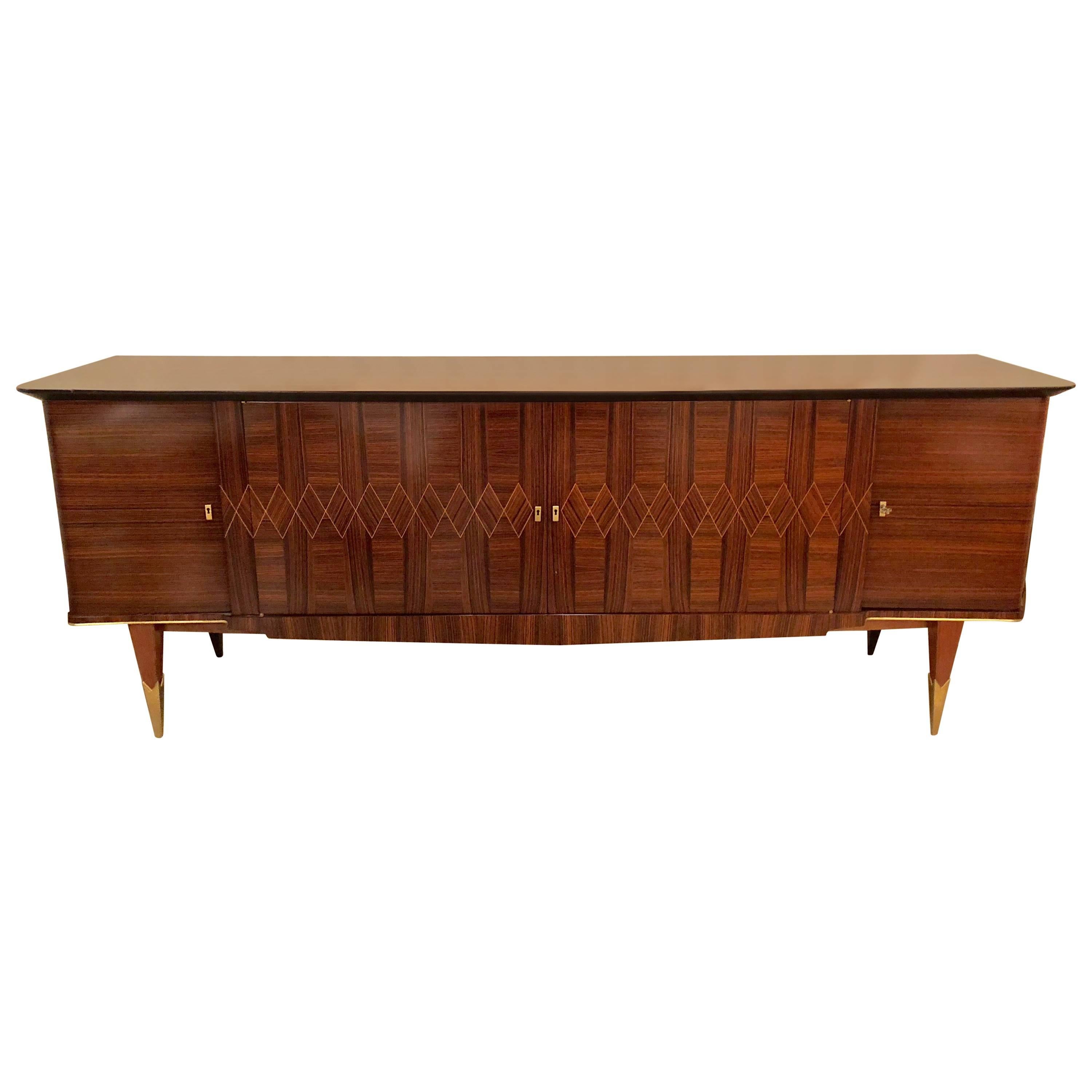 Monumental Art Deco Macassar and Inlaid Sideboard Credenza with Glass Shelves