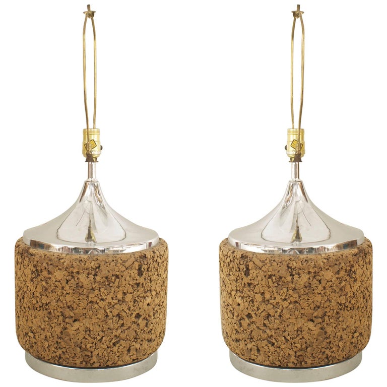 Pair of American MidCentury Cork and Chrome Table Lamps For Sale at
