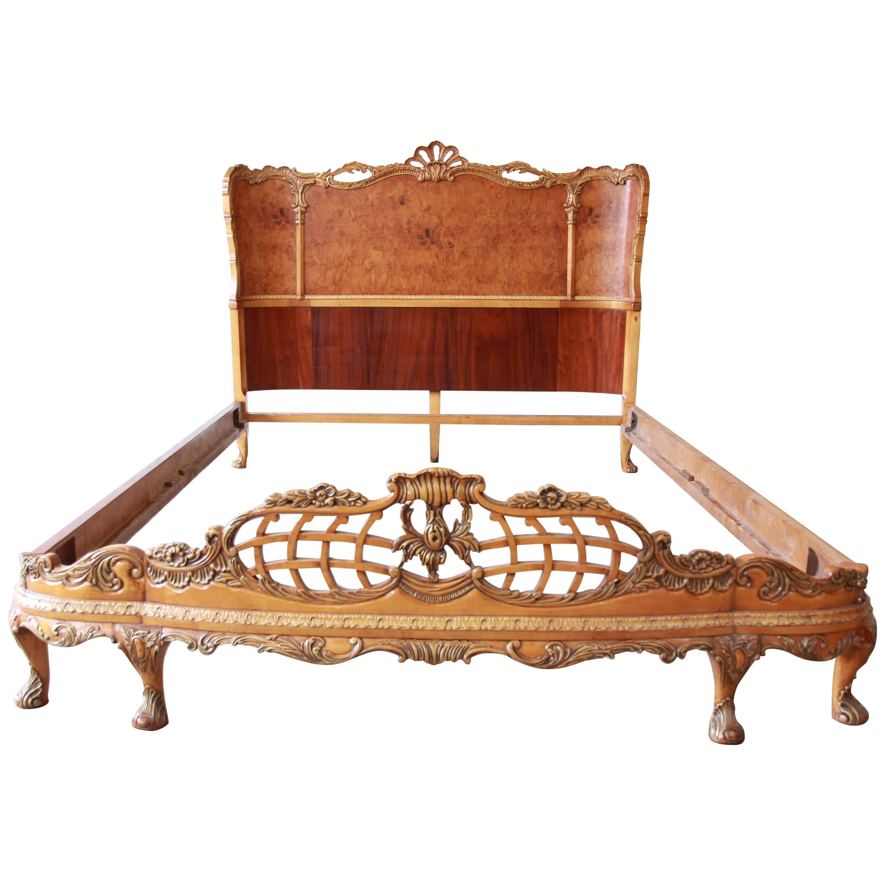 Antique Burled Maple French Carved Full Size Bed by Romweber