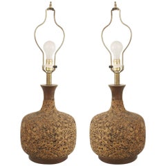 Pair of American Midcentury Bulbous Shaped Cork Table Lamps