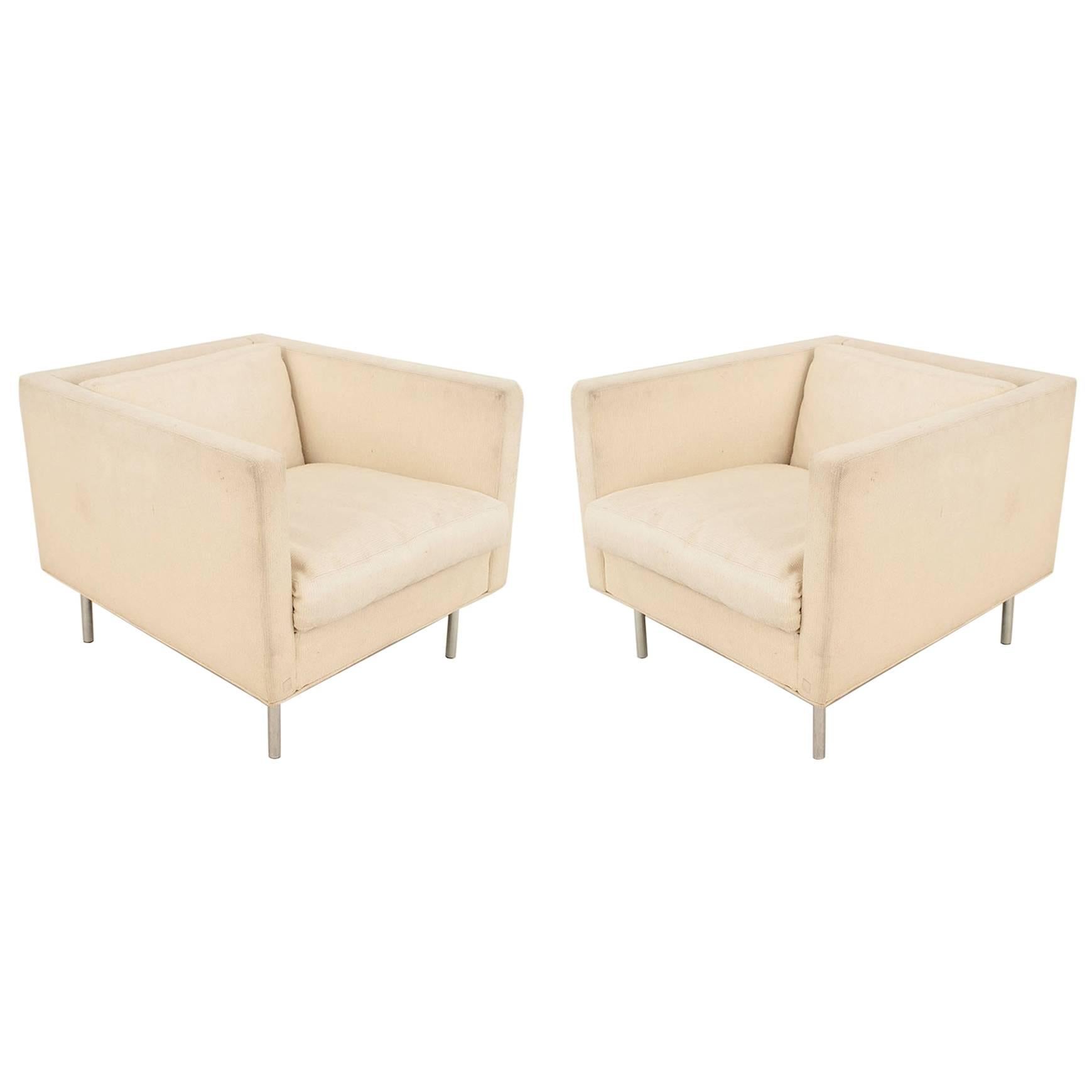 Pair of Mid-Century Beige Upholstered Armchairs For Sale