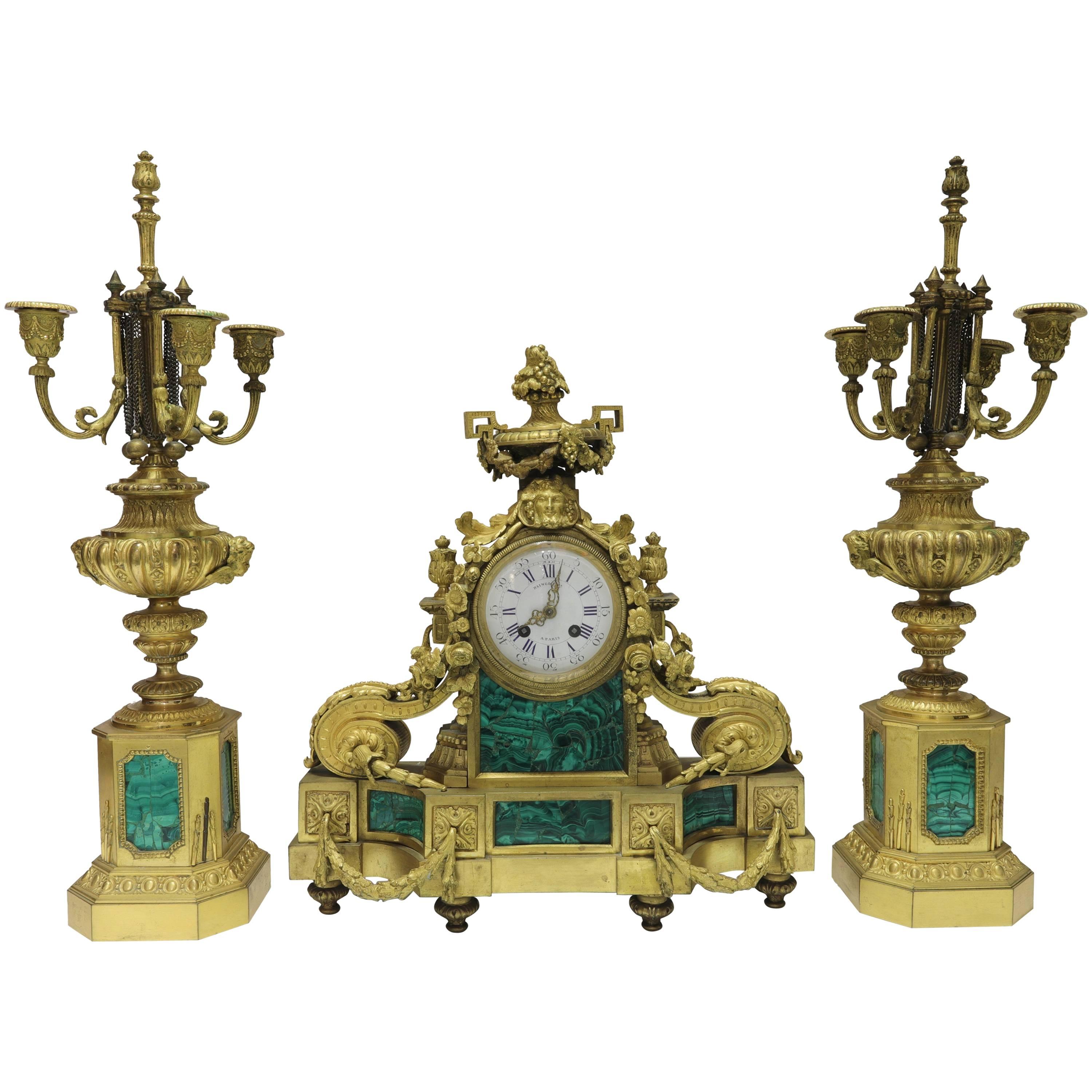 Three-Piece French Bronze and Malachite Clock Set