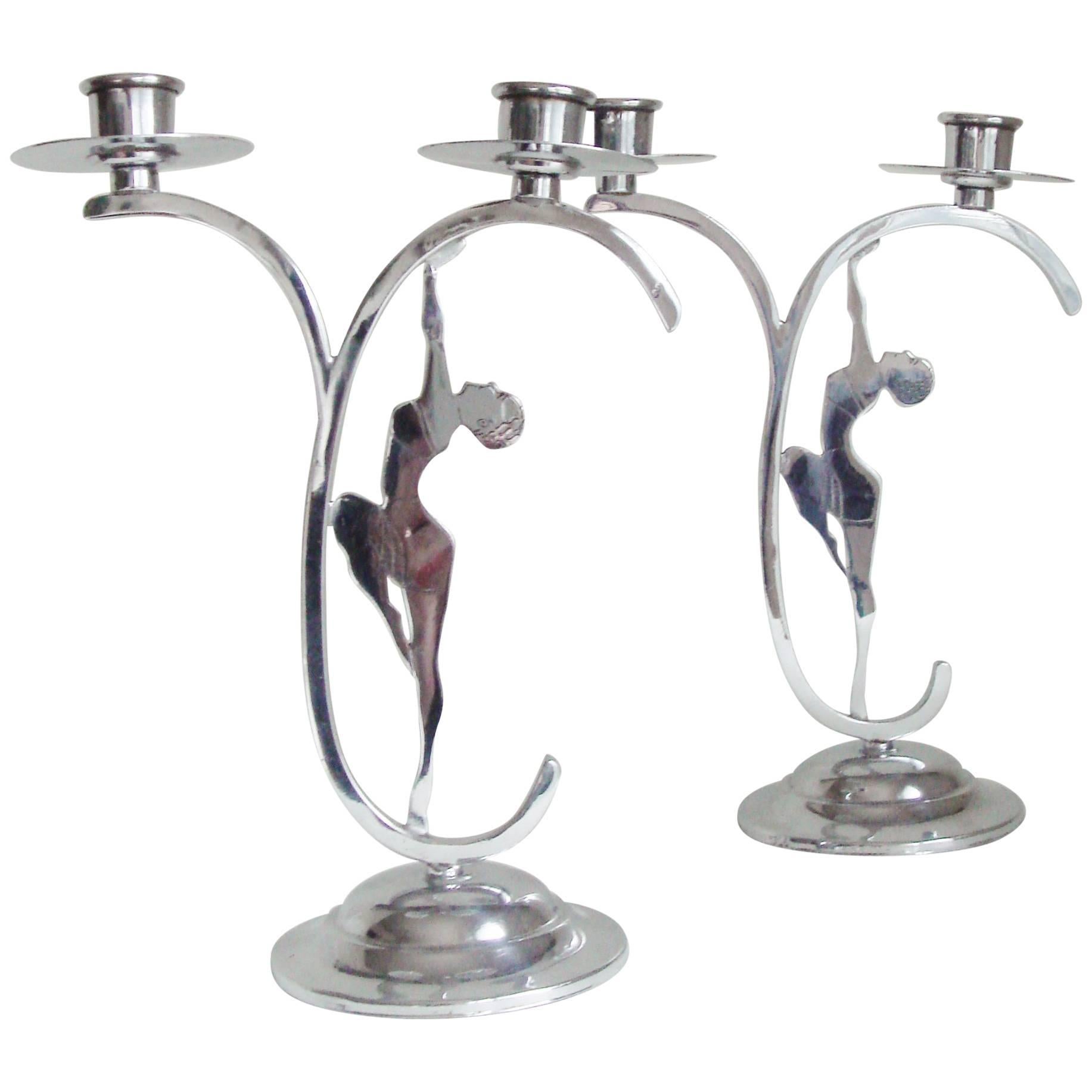 Two English Art Deco Chrome Figural Josephine Baker Twin Candle Holders For Sale