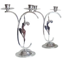 Two English Art Deco Chrome Figural Josephine Baker Twin Candle Holders