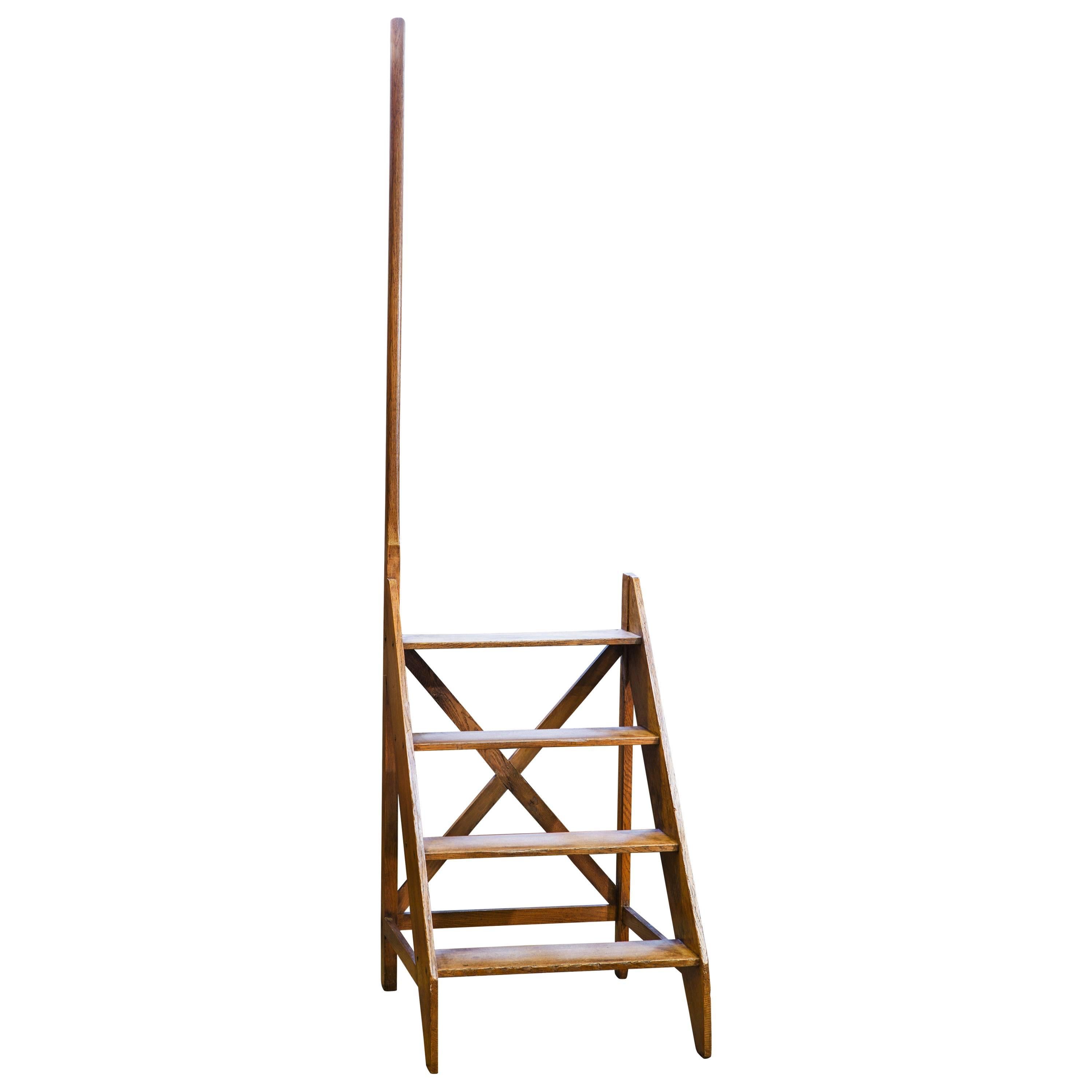 Antique Wooden Library Ladder with Handle