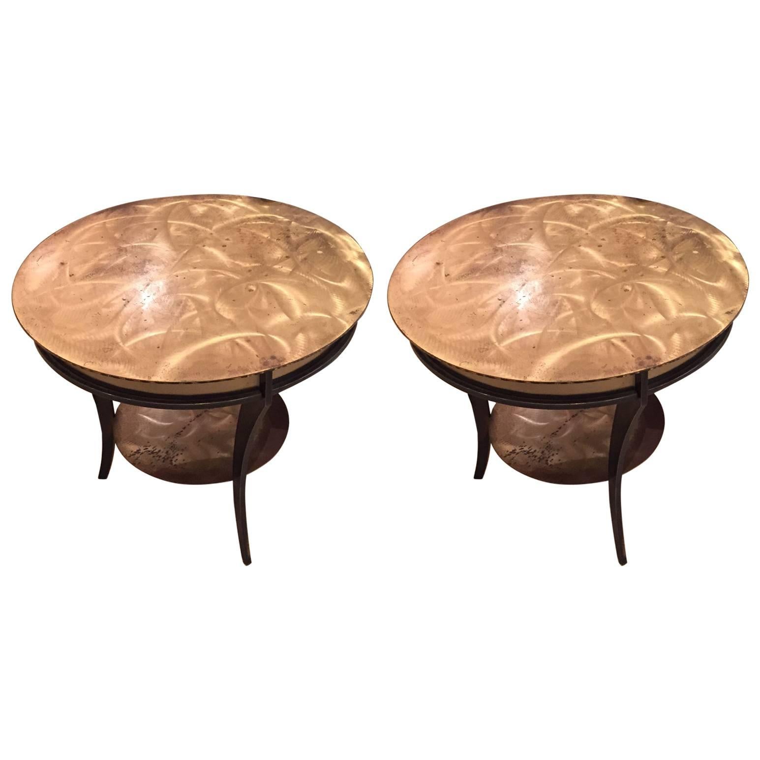 Pair of American 1950s Brass and Steel Round Gueridon Style End Tables