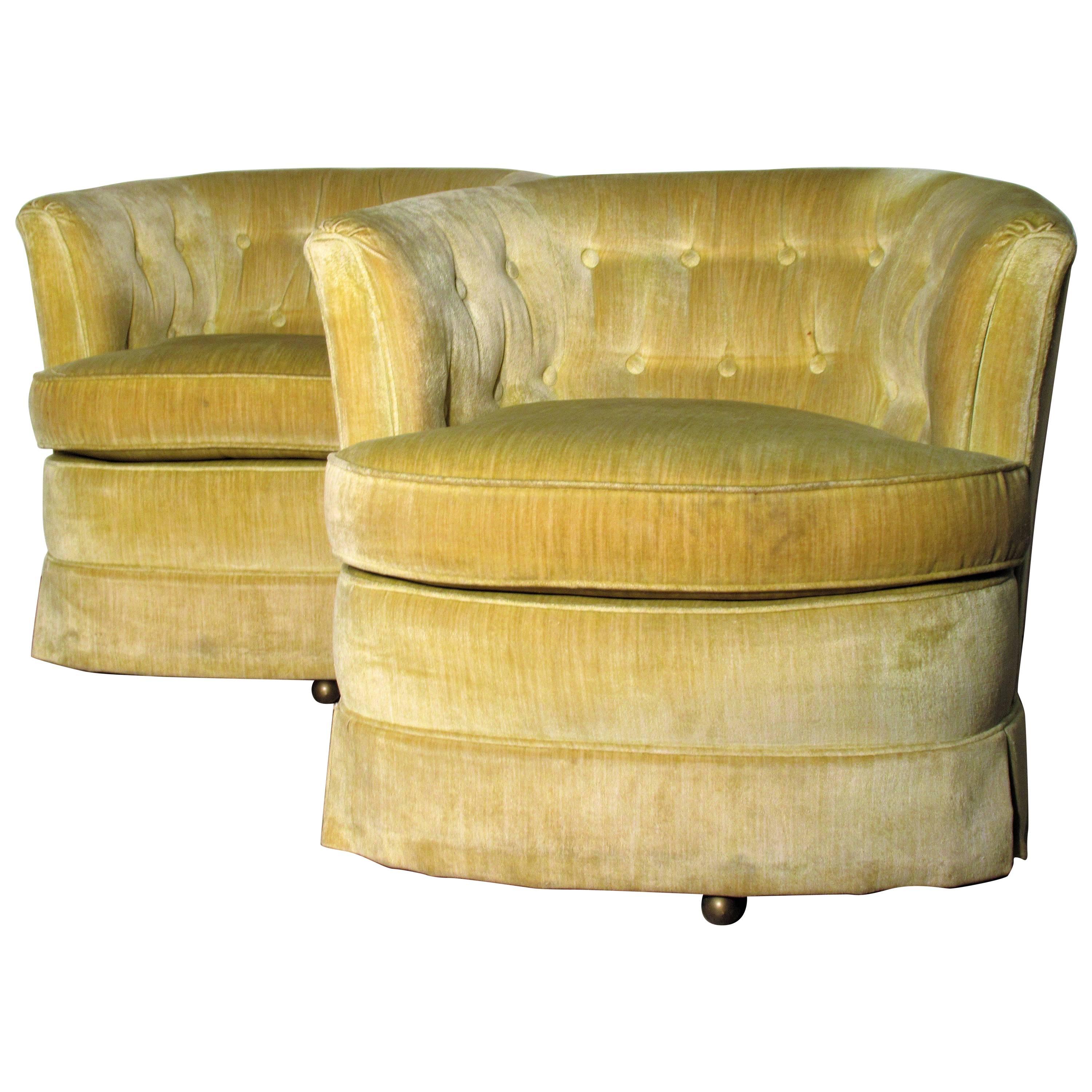 Milo Baughman Style Button Tufted Swivel Barrel Chairs