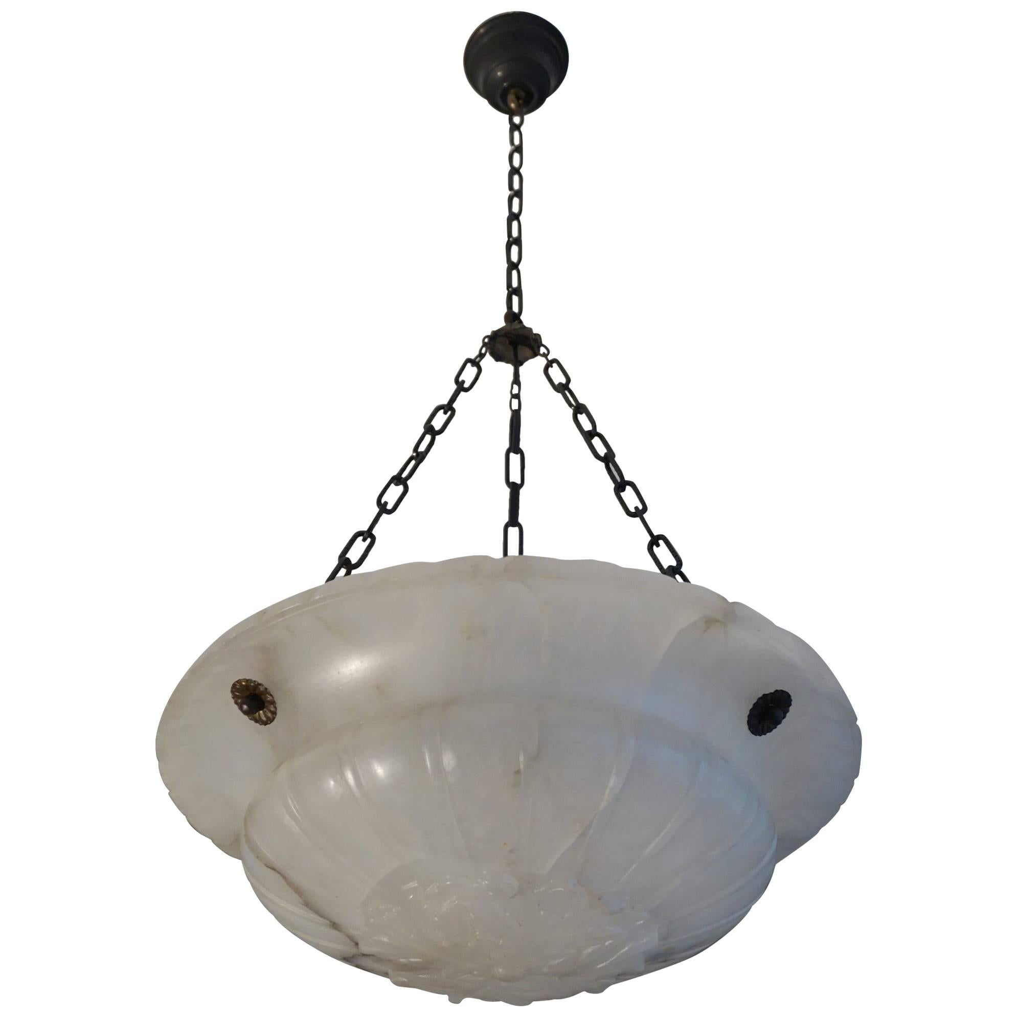 Near Translucent White Neoclassical Alabaster & Chain Pendant / Ceiling Lamp