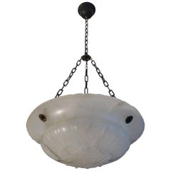 Vintage Near Translucent White Neoclassical Alabaster & Chain Pendant / Ceiling Lamp