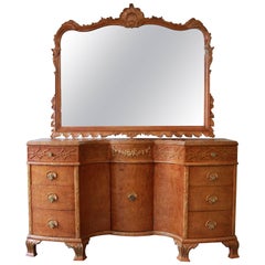 Antique Burled Maple French Carved Vanity and Mirror by Romweber