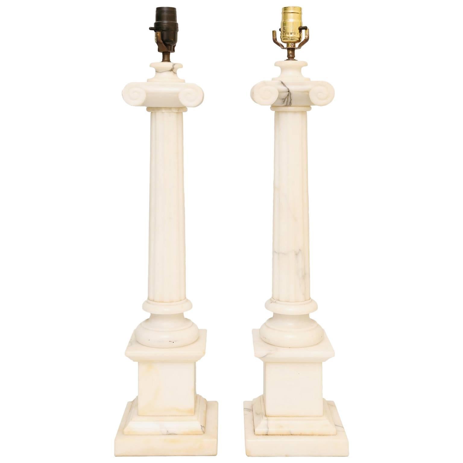 Pair of Carved Alabaster Columnar Form Table Lamps