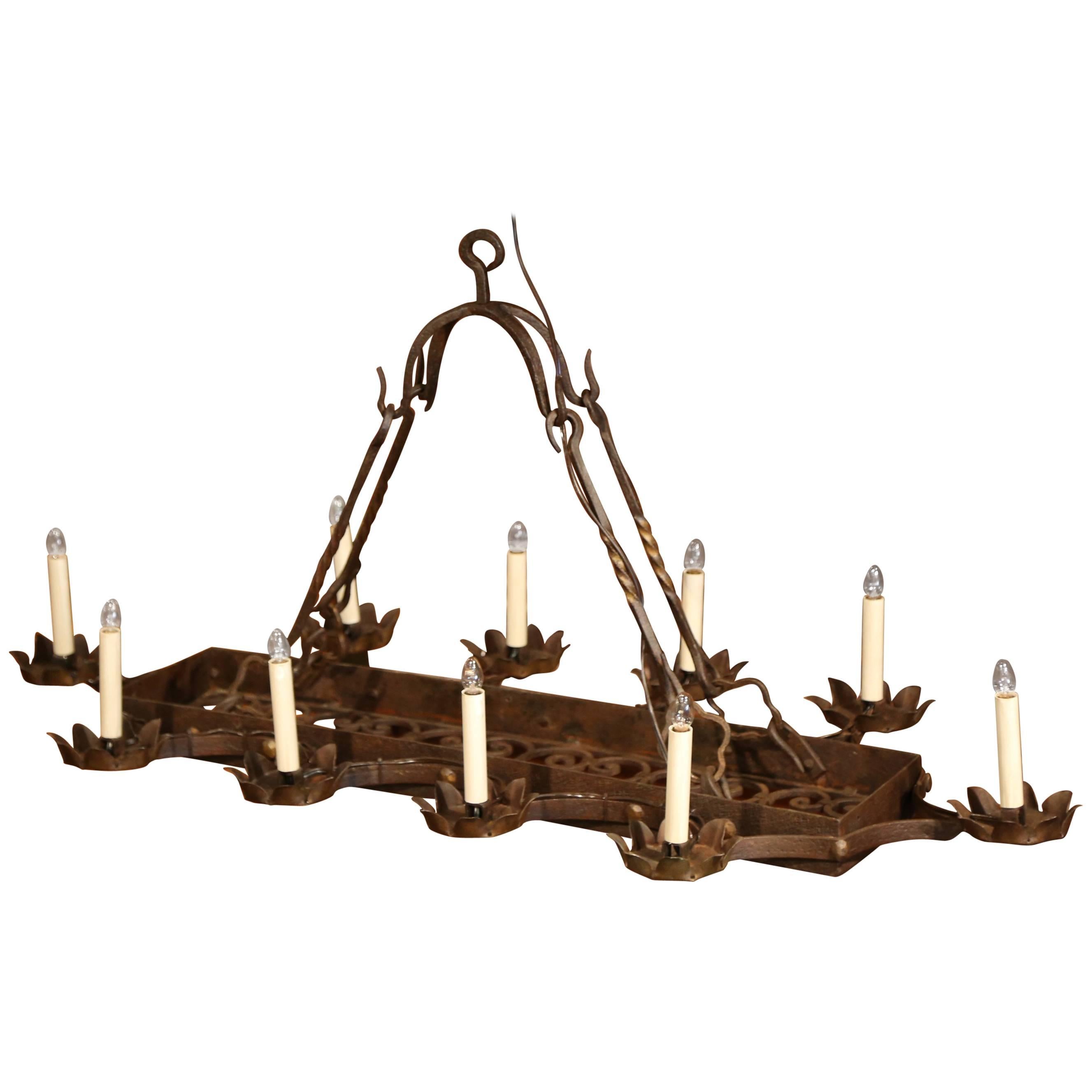 19th Century French Forged Iron Ten-Light Flat Bottom Island Chandelier