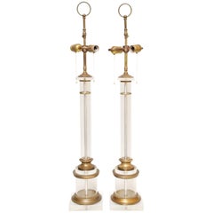 Pair of Lucite and Brass Columnar Lamps