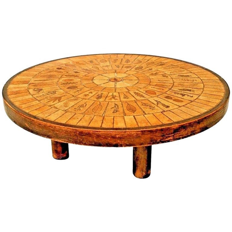 French 1960s Round Coffee Table with a Inset Beige Ceramic Tile Top For
