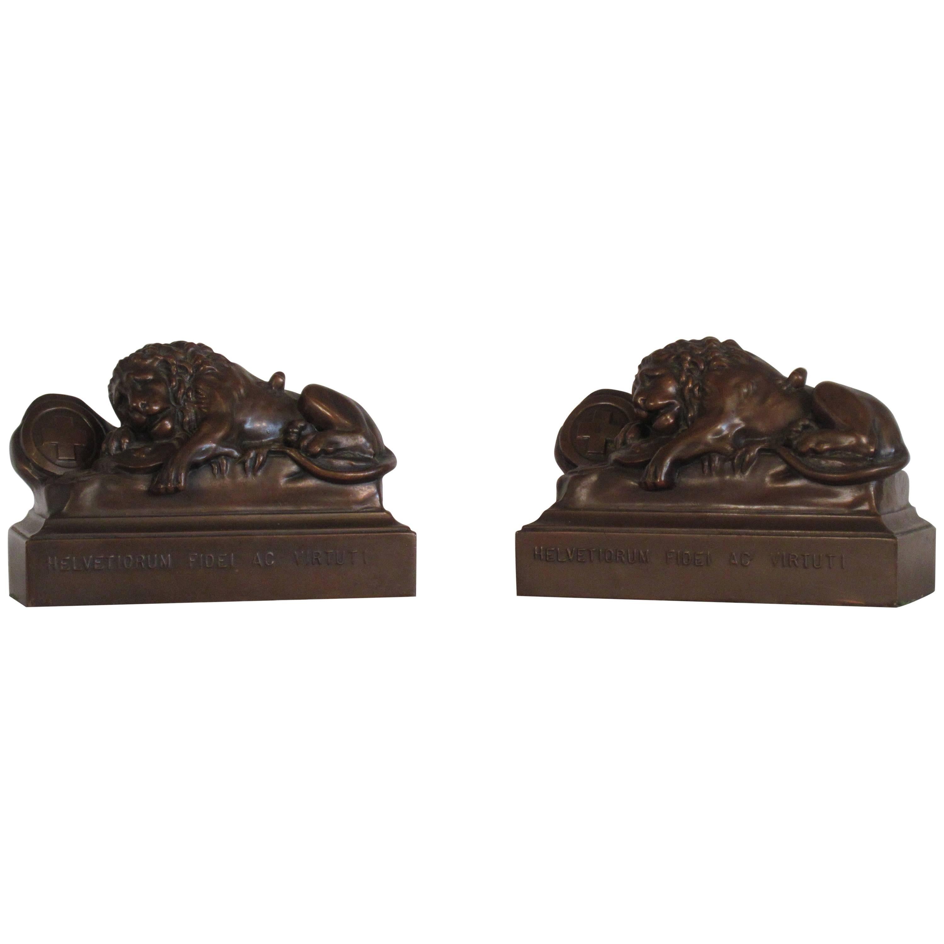 1930s, Jennings Brothers Bronze Coated Lion of Lucerne Bookends