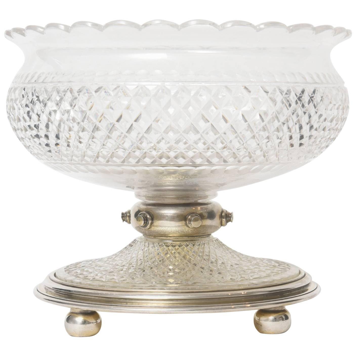 Large Art Deco Silver Plate Cut Glass Bowl / Compote Centerpiece For Sale