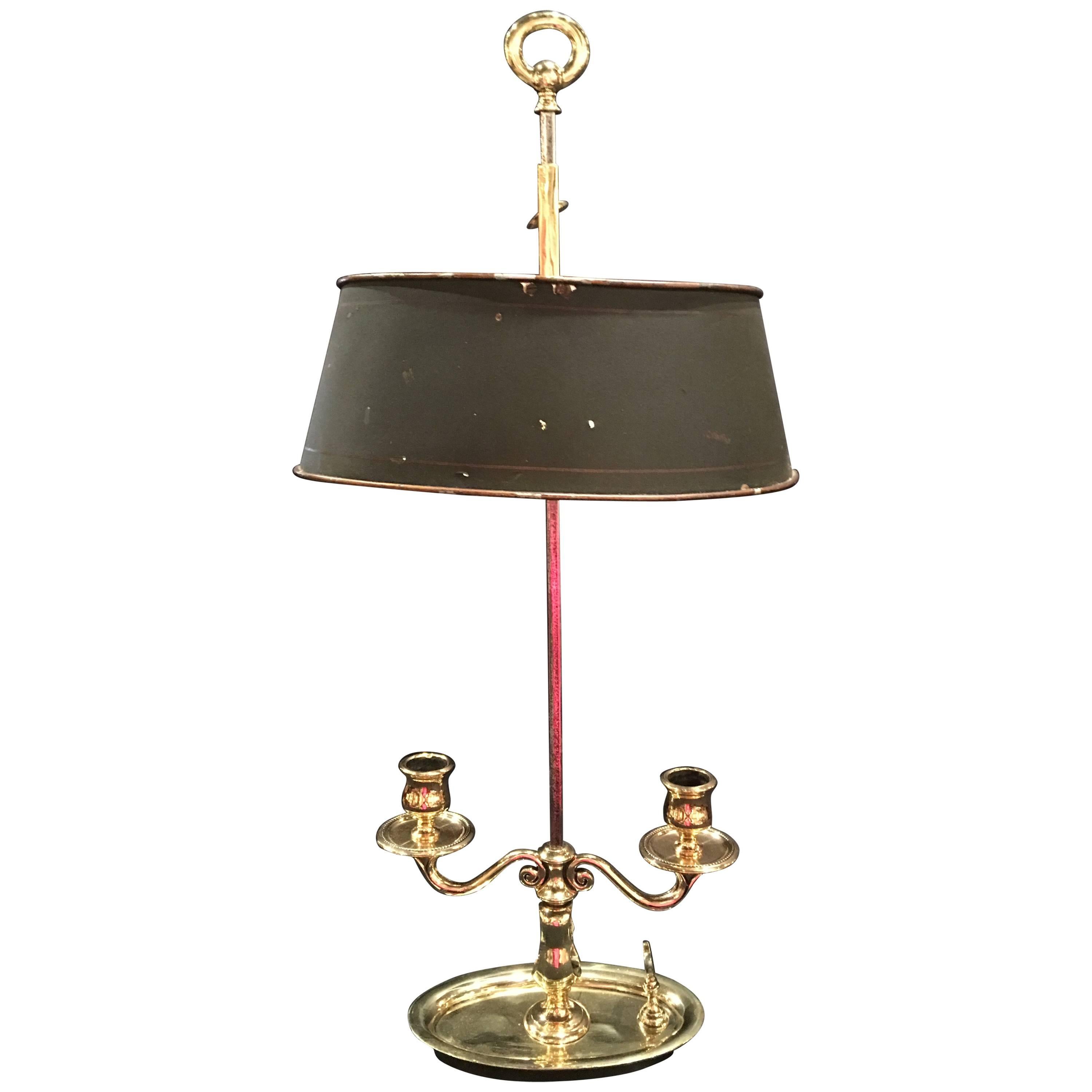 French Bouillotte Two-Candle Lamp Polished Brass with Metal Shade, 19th Century