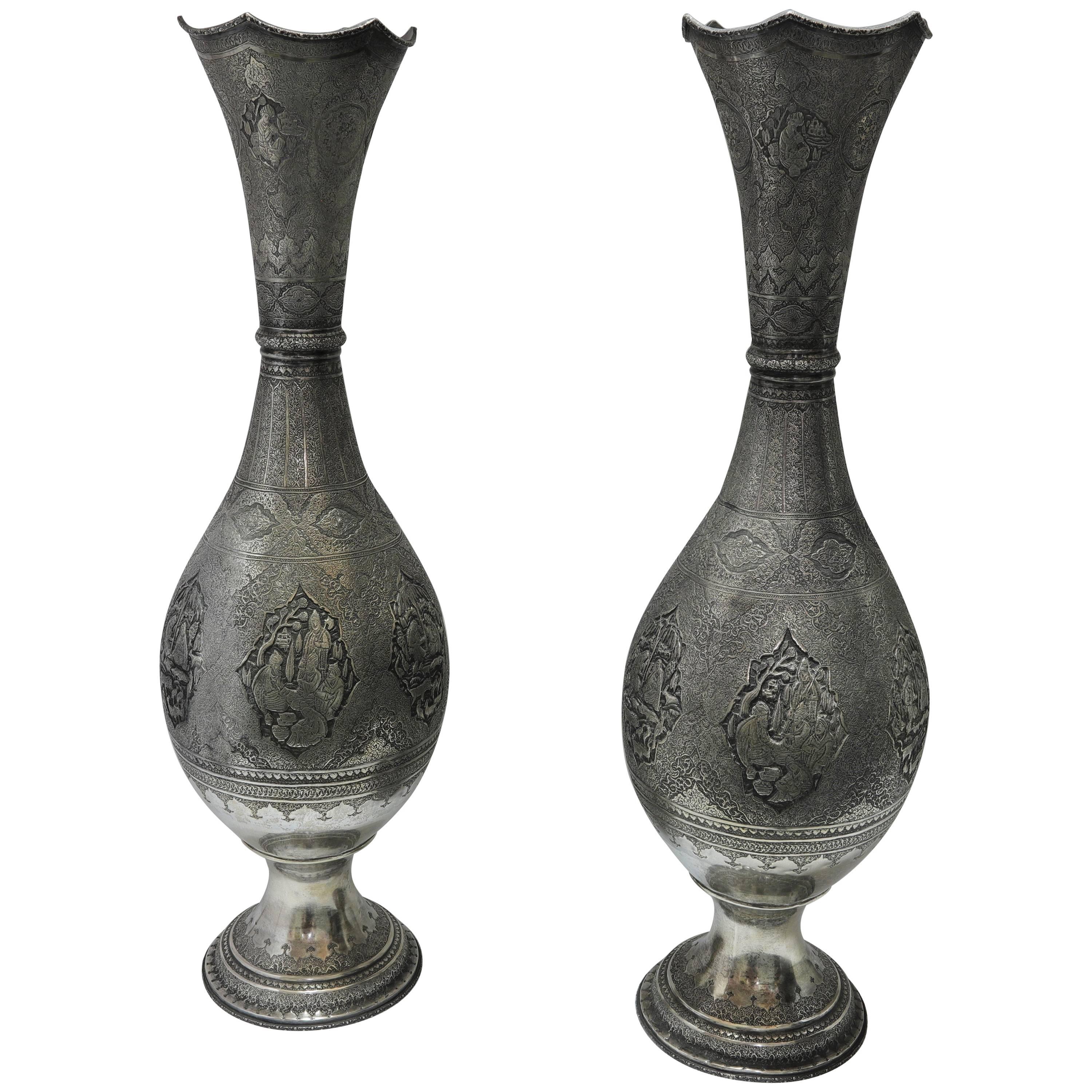 Pair Very Tall Persian Silver Vases