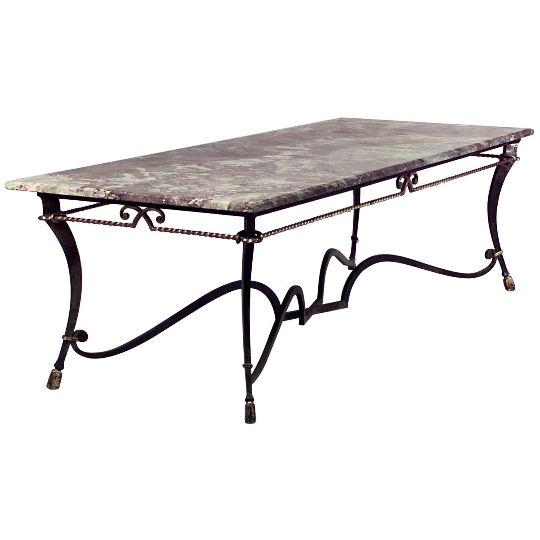 French Poillerat Iron and Gilt Rope Marble Top Center Table For Sale