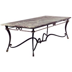 French Poillerat Iron and Gilt Rope Marble Top Center Table