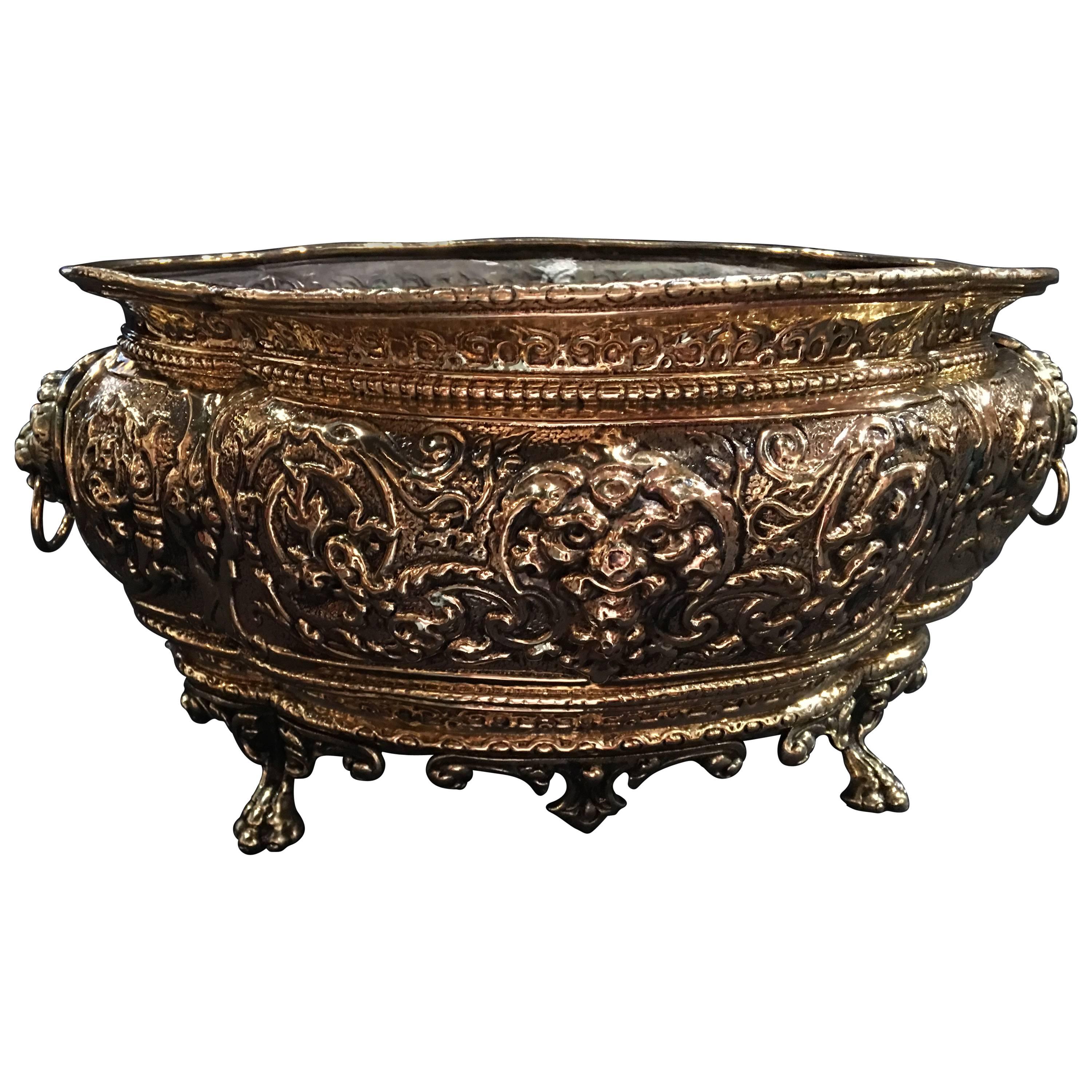 French Polished Brass Jardiniere or Planter on Paw Feet, 19th Century