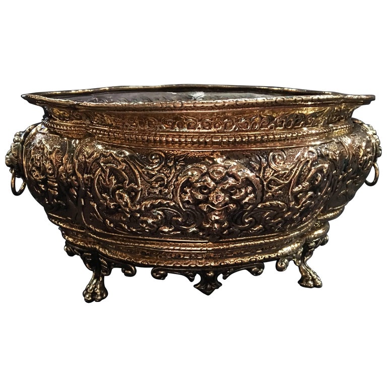 French Polished Brass Jardiniere or Planter on Paw Feet, 19th Century For Sale