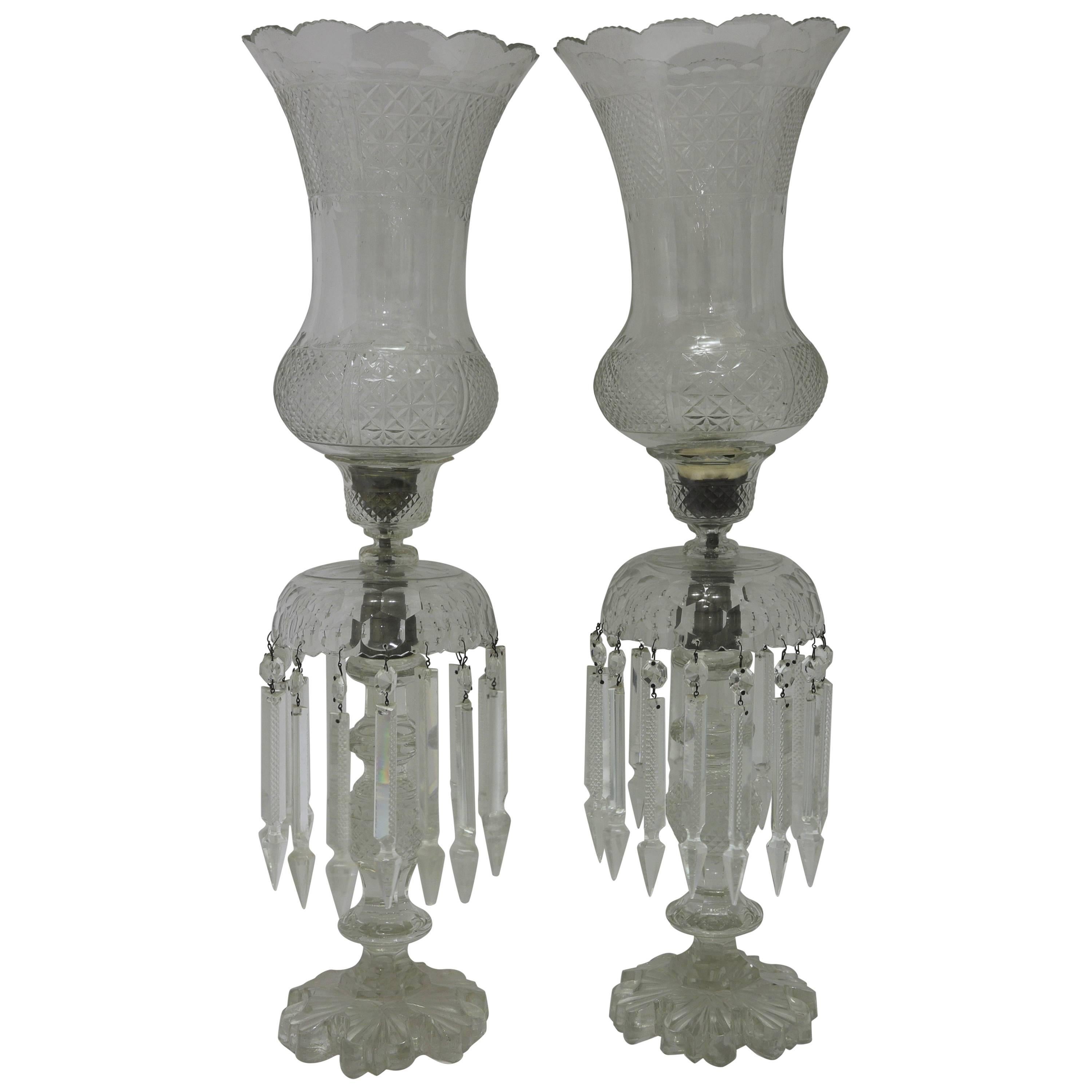 Pair of Large Bohemian Crystal Hurricane Shade Lusters For Sale