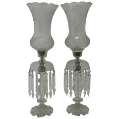 Antique Pair of Large Bohemian Crystal Hurricane Shade Lusters