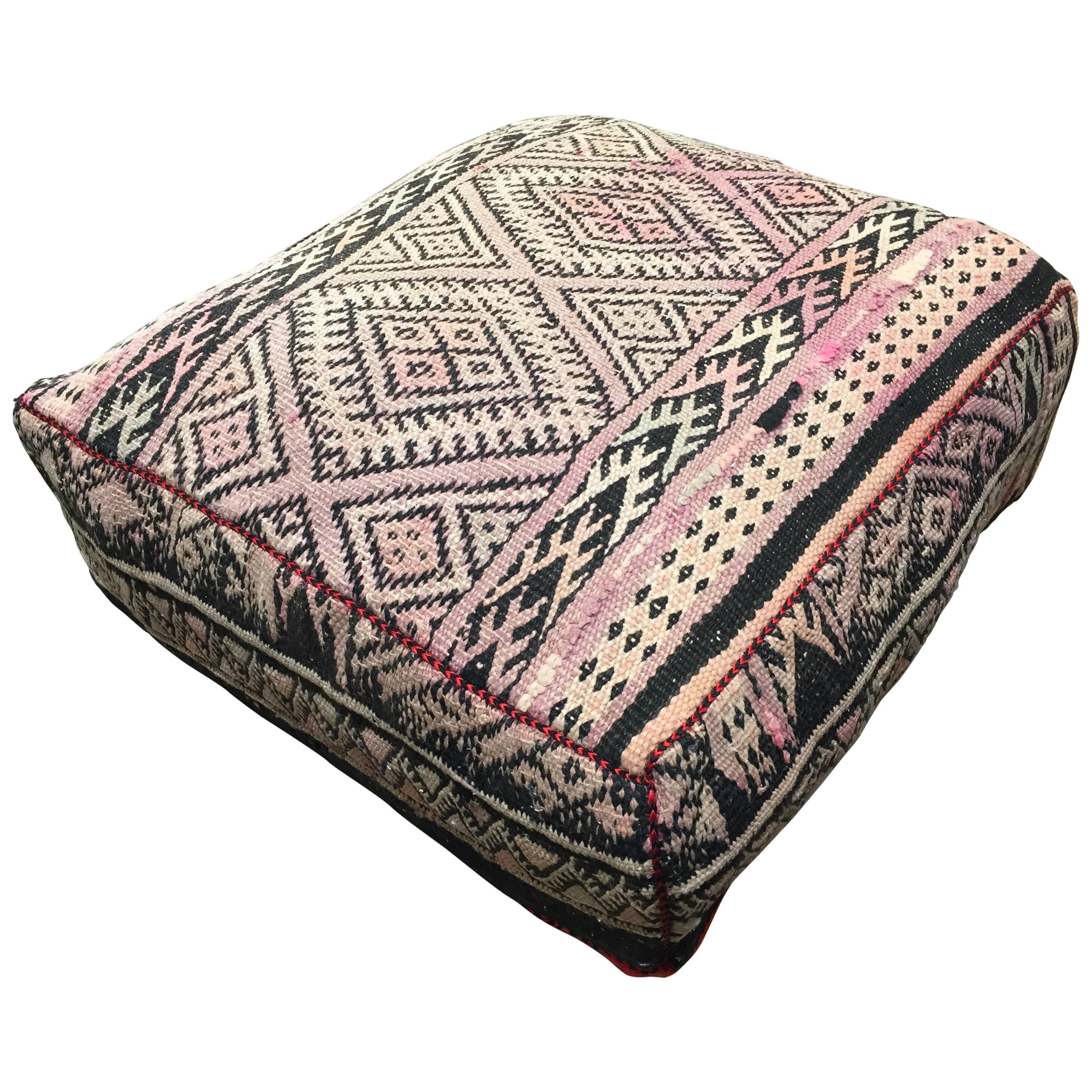 Moroccan Floor Pillow Seat Cushion Made from a Vintage Tribal Berber Rug