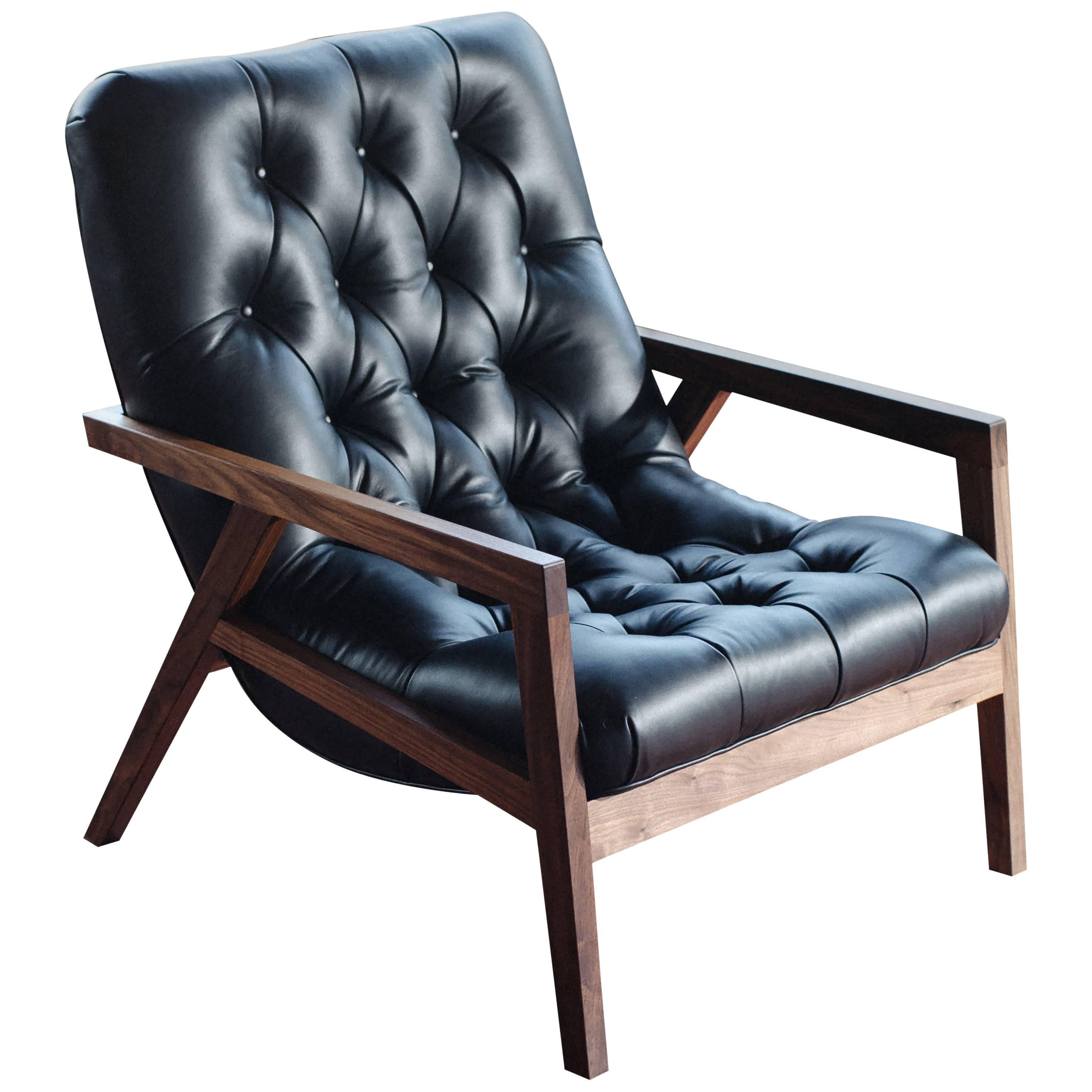 Regina Lounge Chair with Walnut Frame and Leather Diamond Tufted Upholstery