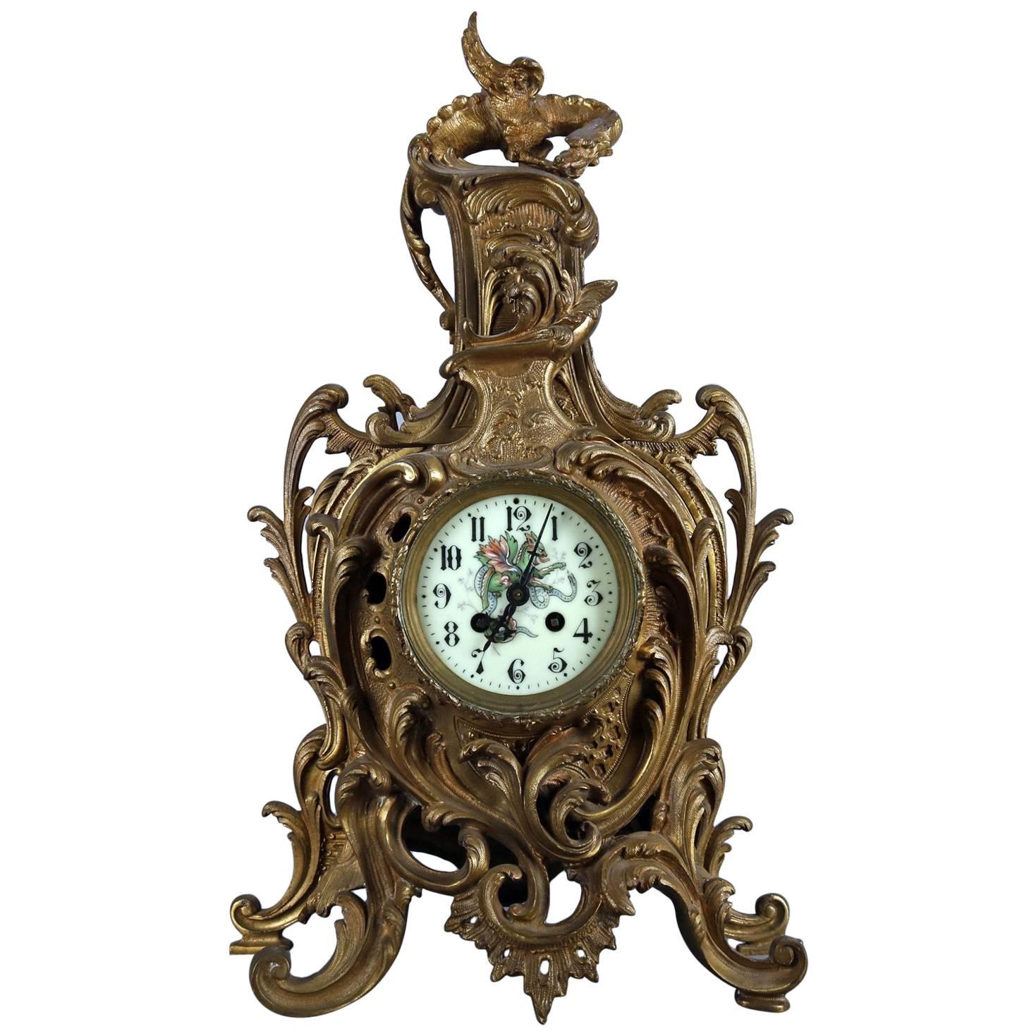 French A.D. Mougin Rococo Style Bronze Mantel Clock, Dragon Motif, circa 1880