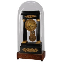 Antique French Empire Japy Freres Ebonized, Marquetry and Ormolu Portico Clock