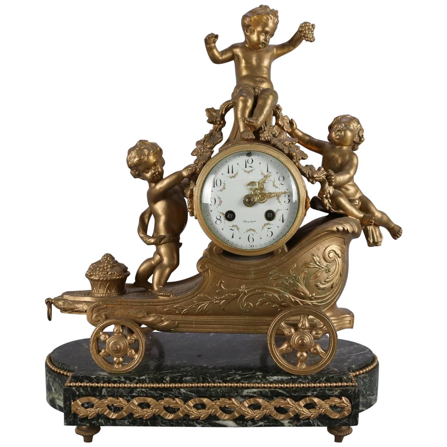 Antique French Gilt & Marble Cherub Chariot Figural SH Paris Mantel Clock