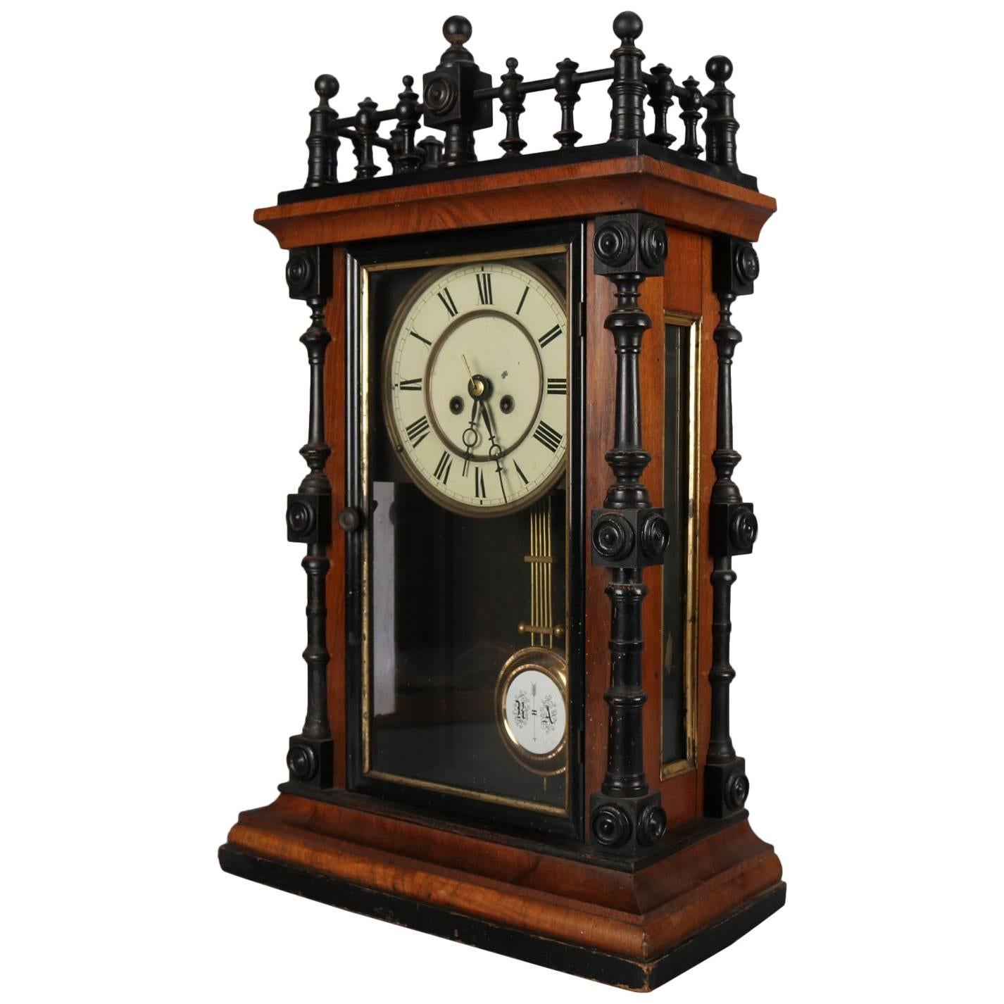 German Aesthetic Movement Carved, Gilt and Ebonized Walnut Mantel Clock