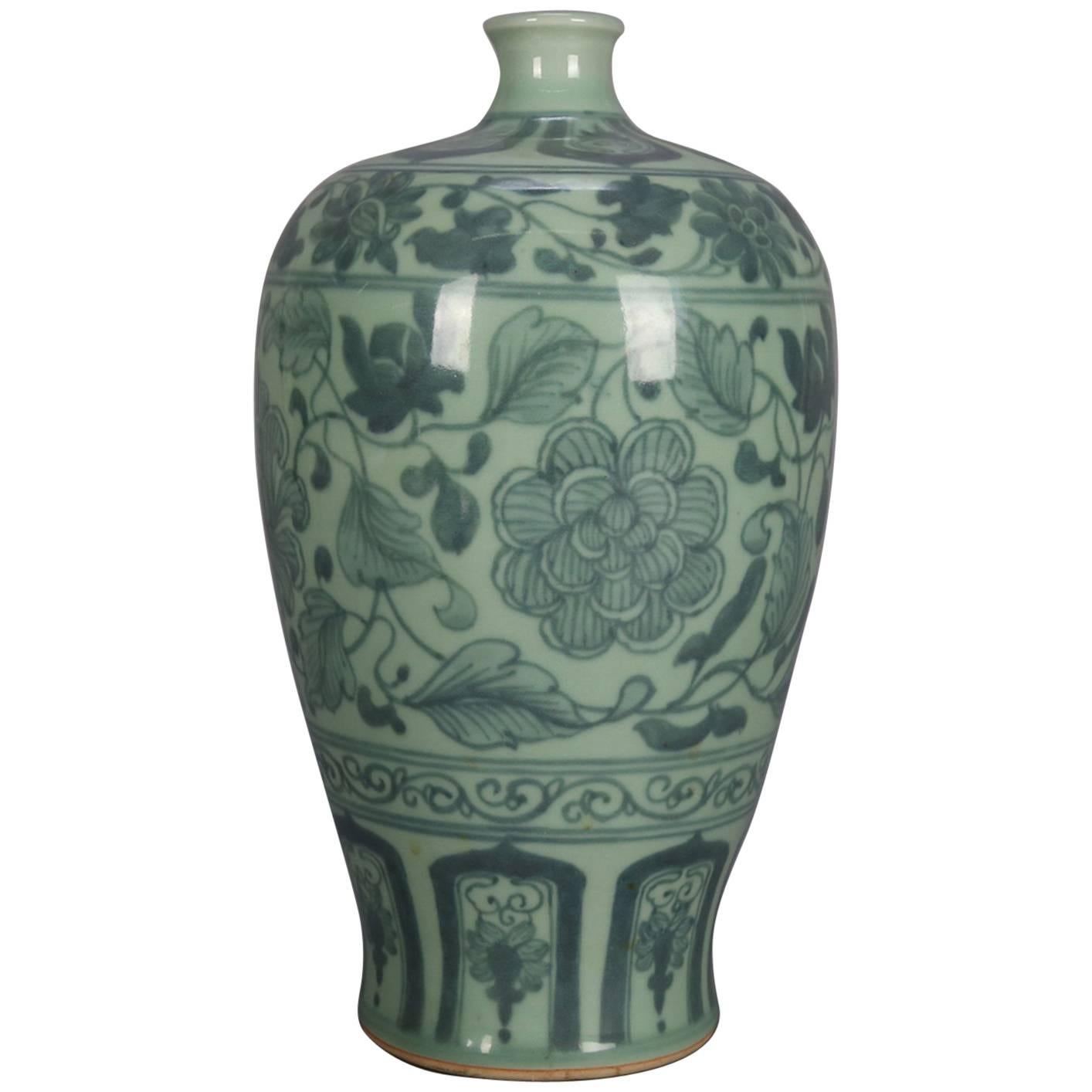 Chinese Celadon Porcelain Vase, Floral and Leaf Decoration, 20th Century