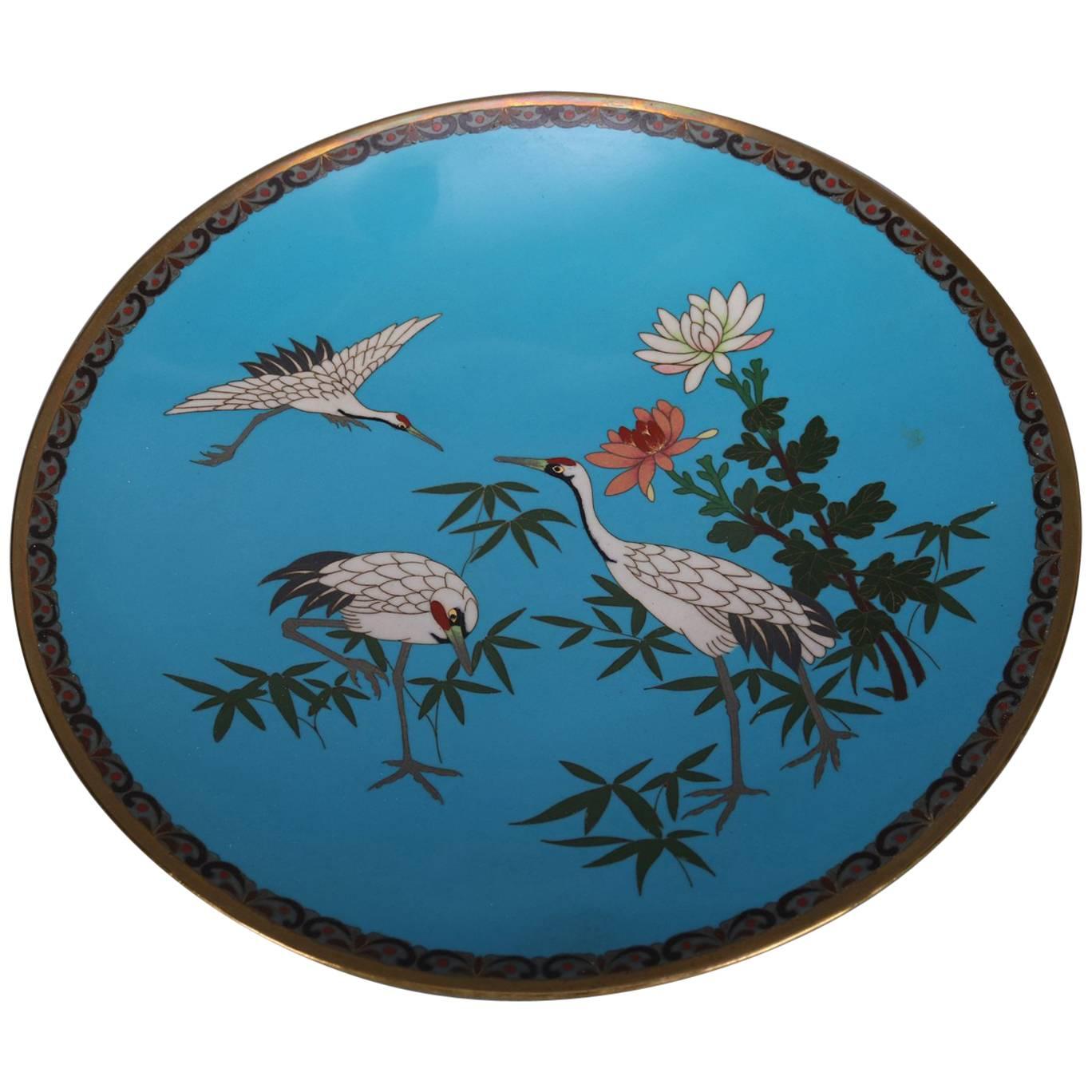 Antique Japanese Cloisonne Enameled Pictorial Charger, Marsh Scene & Herons