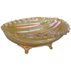 Large Loetz School Mouth Blown Art Glass Melon Bowl, Gilt Stand, circa 1910