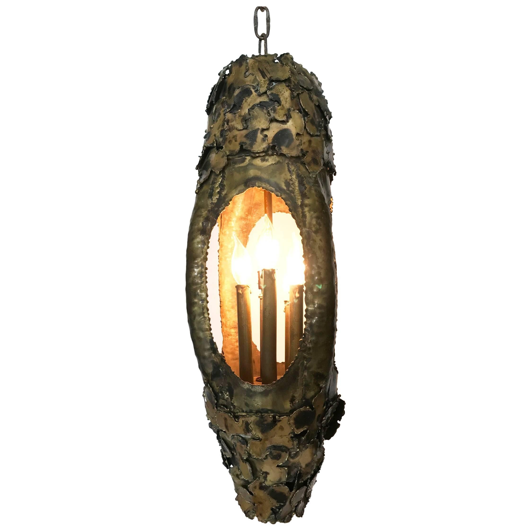 Brutalist Pendant or Lantern Executed in Torch-Cut Brass by Tom Greene, 1960s For Sale